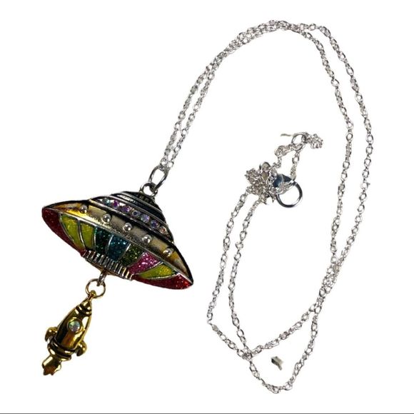 UFO gold necklace sparkly rainbow with ship under & rhinestones on silver chain - Picture 1 of 4